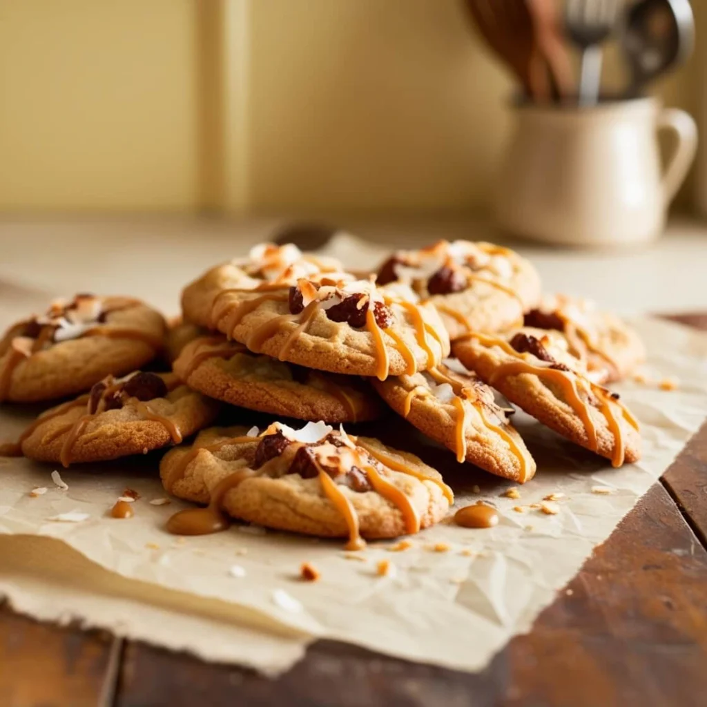 Freshly baked Samoas-inspired cookies drizzled with caramel and topped with toasted coconut .