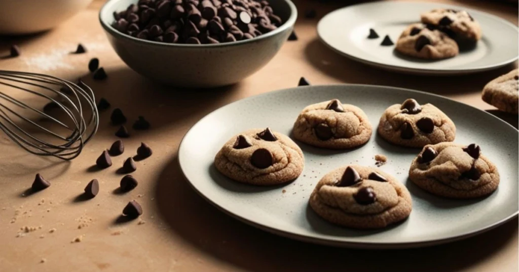 Freshly baked chocolate chip cookies on plates with a bowl of chocolate chips and a whisk on a wooden surface.