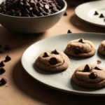 Freshly baked chocolate chip cookies on plates with a bowl of chocolate chips and a whisk on a wooden surface.