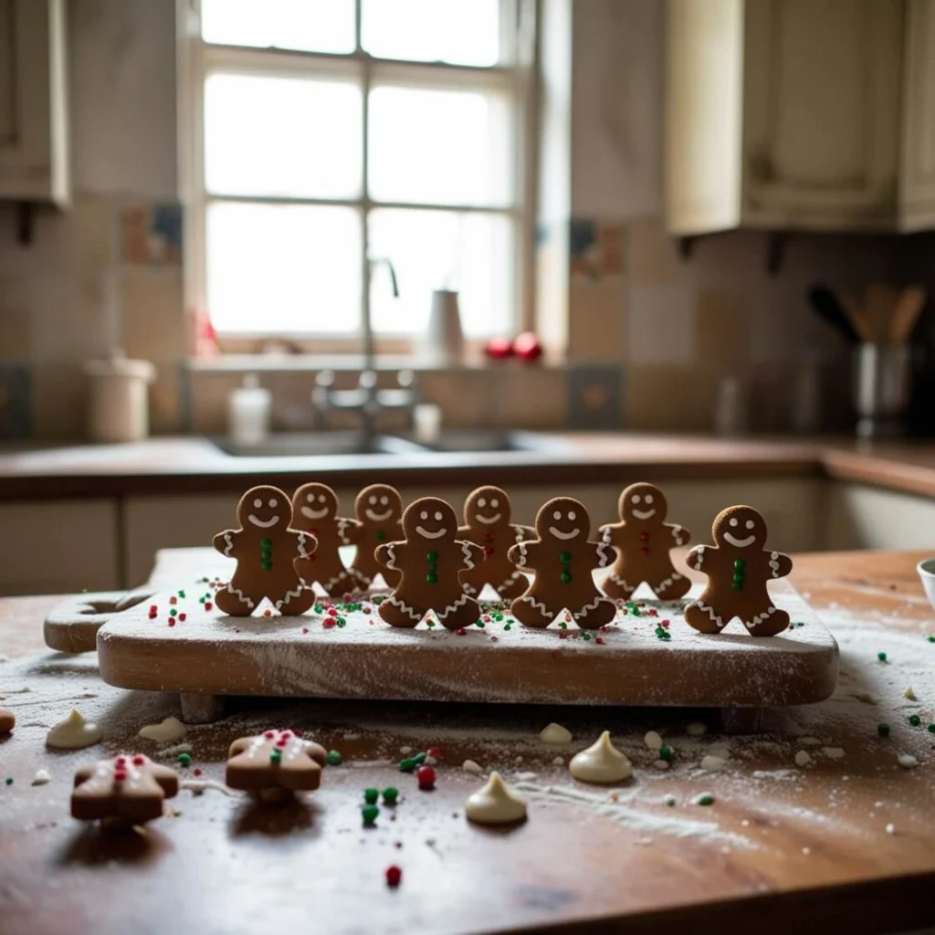 Row of smiling gingerbread men cookies decorated with white icing and colorful sprinkles on a wooden cutting board in a kitchen