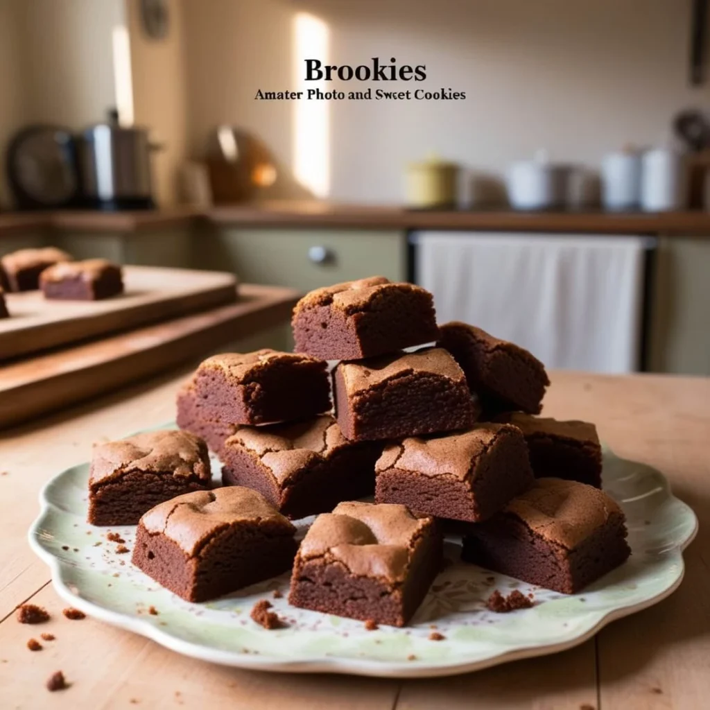 Close-up of freshly baked brookie cookies with a rich chocolate brownie base and golden chocolate chip cookie top